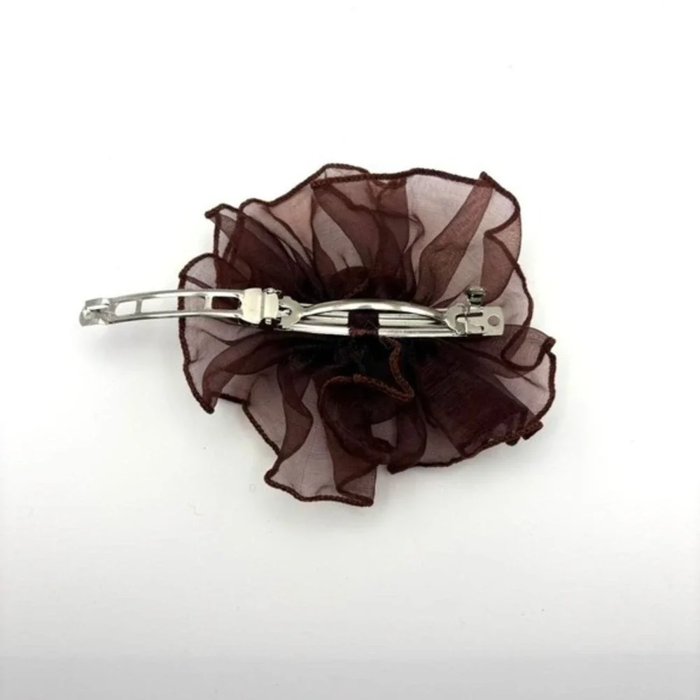 Brown Ruffled Floral Sheer Chiffon Hair Clip Barrette Y2K Cottagecore Accessory